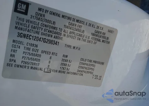 2007 Chevrolet Avalanche 1500 Lt from USA, damaged, VIN 3GNEC12047G298341